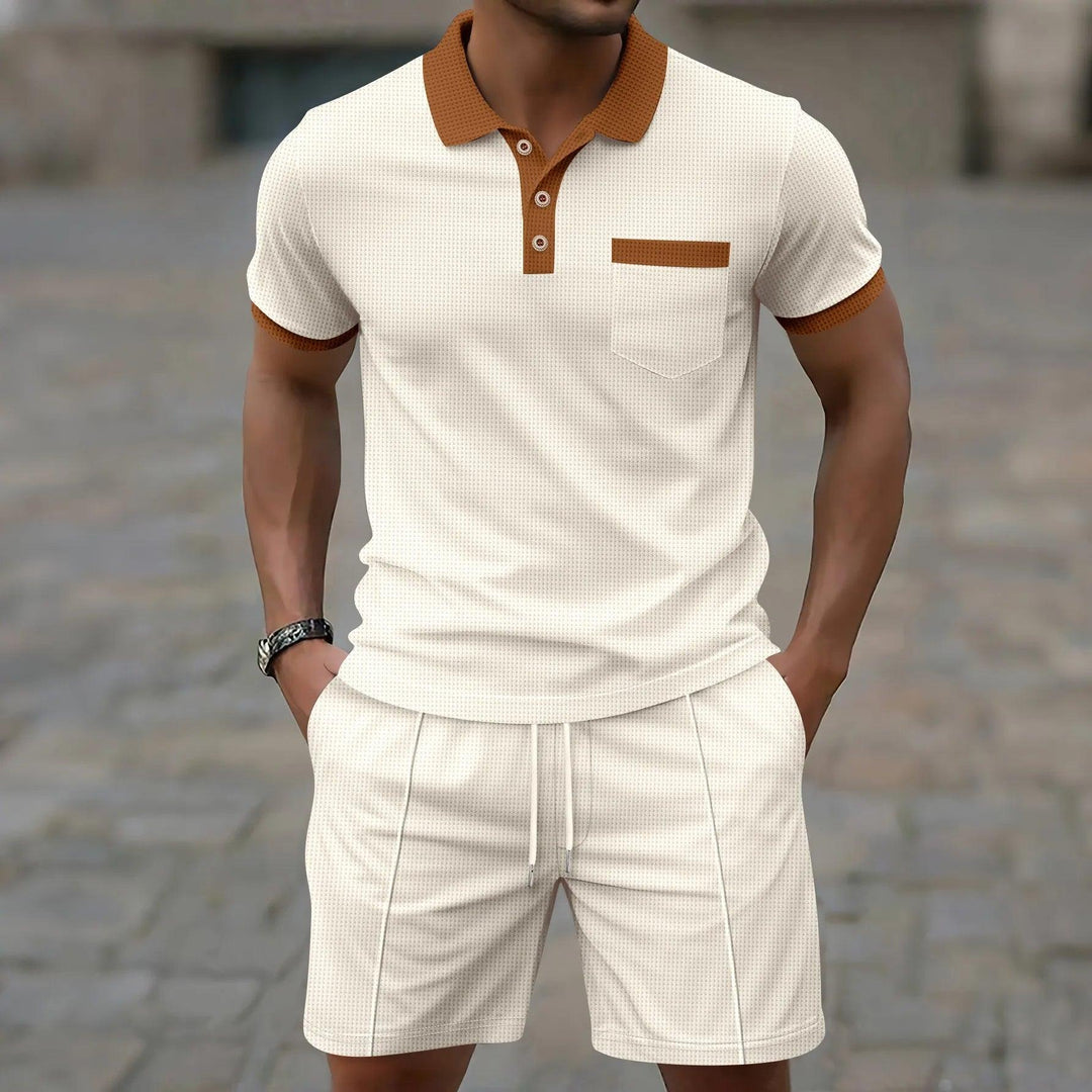 Herren Set Waffel Polo | Zweiteiler Shorts Kontrast | Sportliches Sommerset Strukturiert