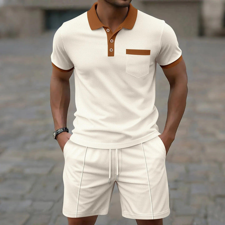 Herren Set Waffel Polo | Zweiteiler Shorts Kontrast | Sportliches Sommerset Strukturiert