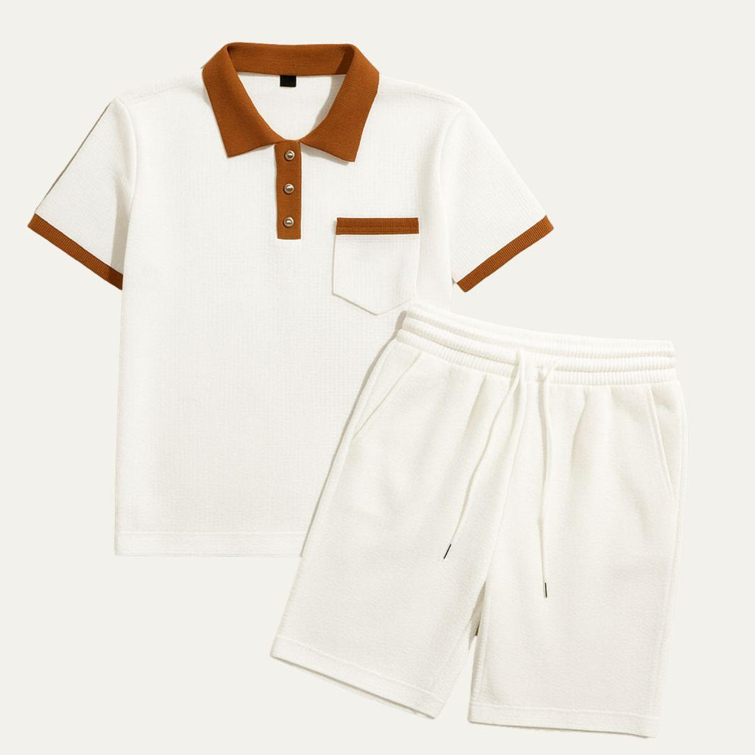 Herren Set Waffel Polo | Zweiteiler Shorts Kontrast | Sportliches Sommerset Strukturiert