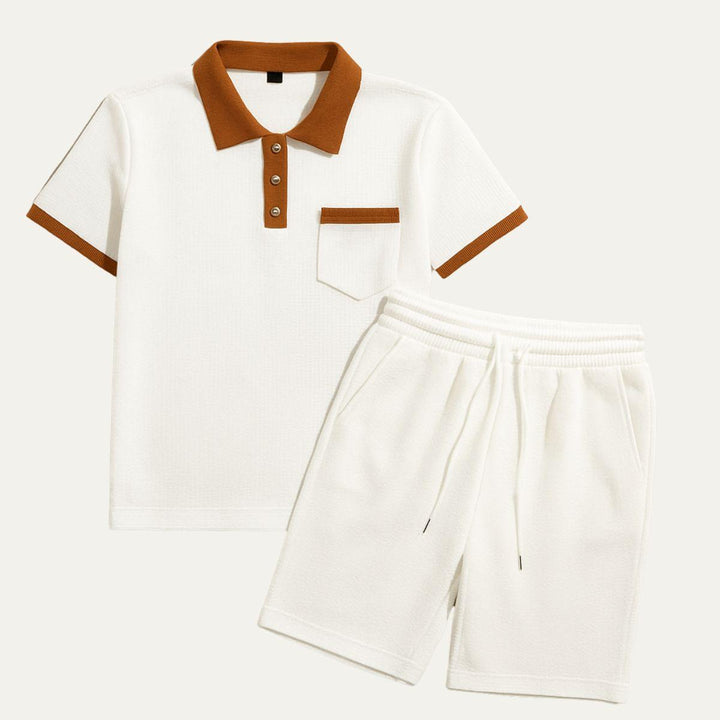 Herren Set Waffel Polo | Zweiteiler Shorts Kontrast | Sportliches Sommerset Strukturiert