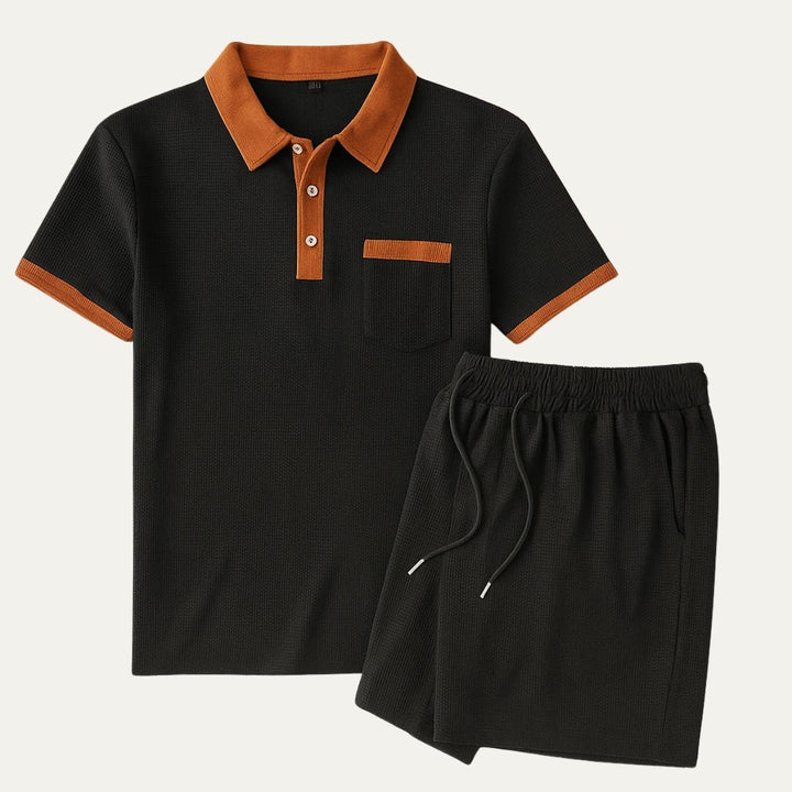 Herren Set Waffel Polo | Zweiteiler Shorts Kontrast | Sportliches Sommerset Strukturiert