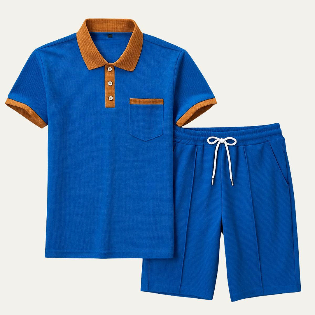 Herren Set Waffel Polo | Zweiteiler Shorts Kontrast | Sportliches Sommerset Strukturiert