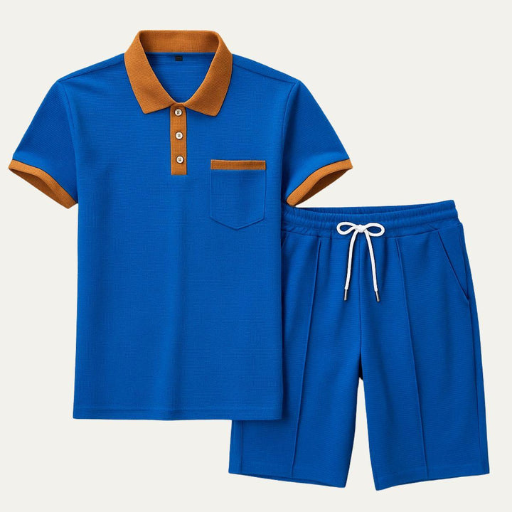 Herren Set Waffel Polo | Zweiteiler Shorts Kontrast | Sportliches Sommerset Strukturiert