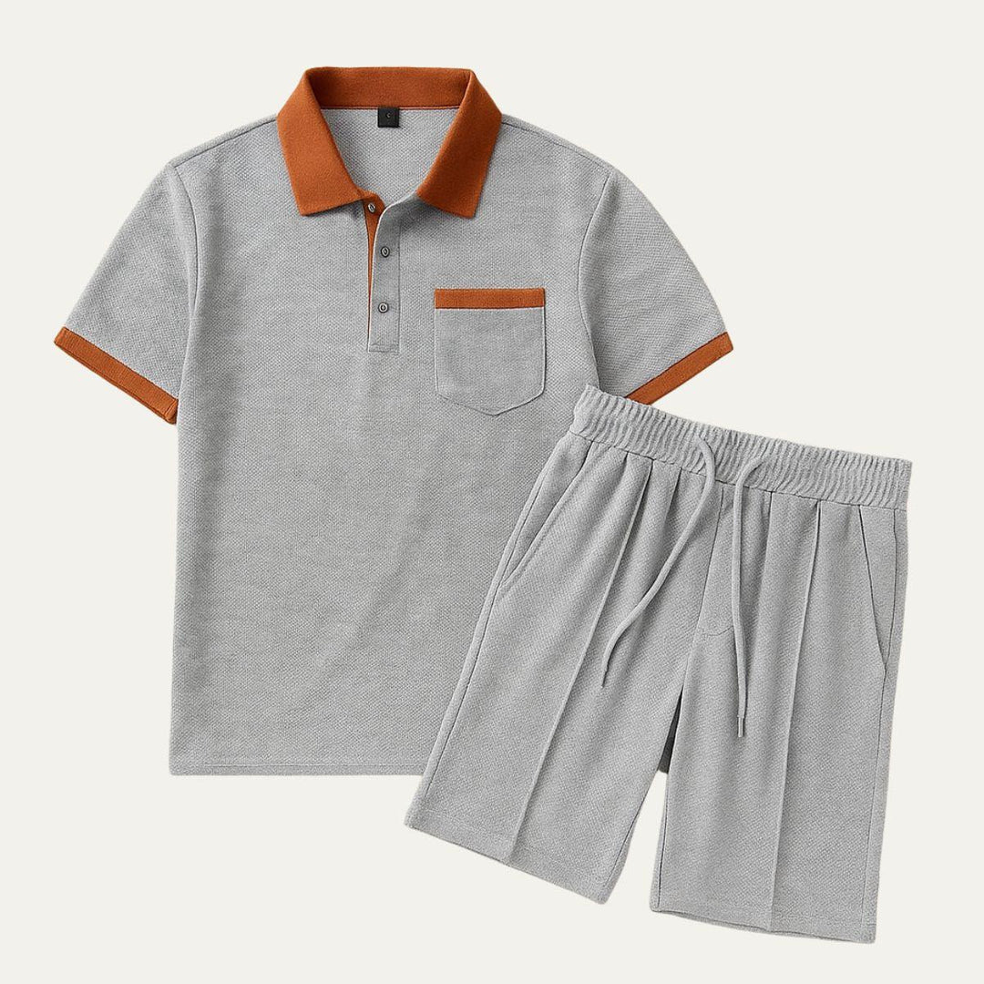 Herren Set Waffel Polo | Zweiteiler Shorts Kontrast | Sportliches Sommerset Strukturiert