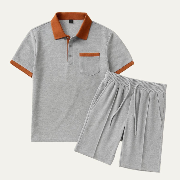 Herren Set Waffel Polo | Zweiteiler Shorts Kontrast | Sportliches Sommerset Strukturiert