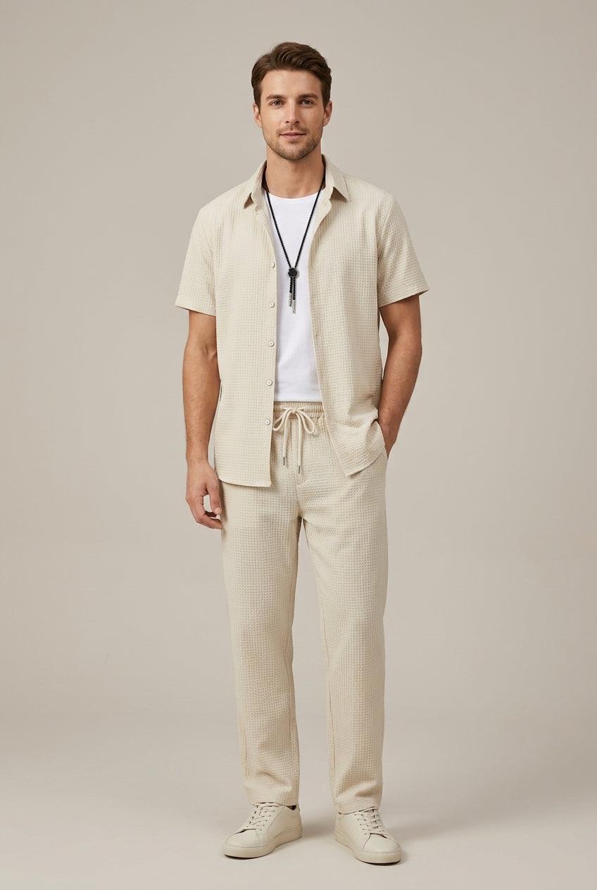 Herren Set Waffel Hose | Zweiteiler Hemd Strukturiert | Sommerset Taillierte Hose Elegant