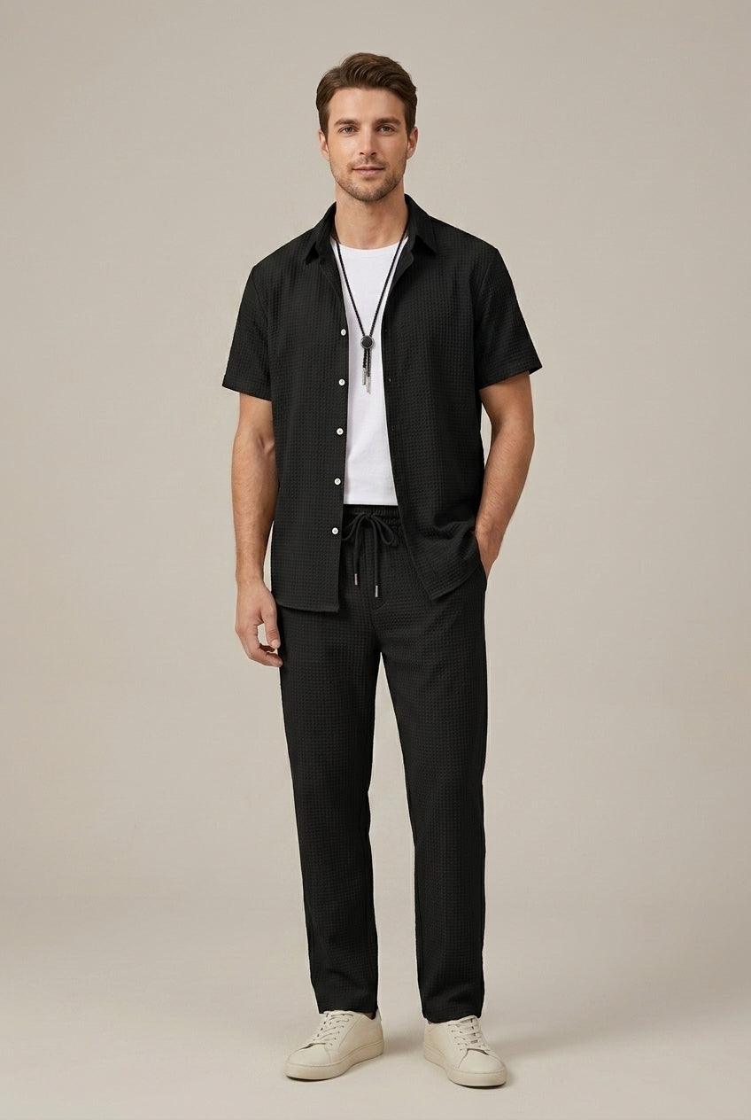 Herren Set Waffel Hose | Zweiteiler Hemd Strukturiert | Sommerset Taillierte Hose Elegant