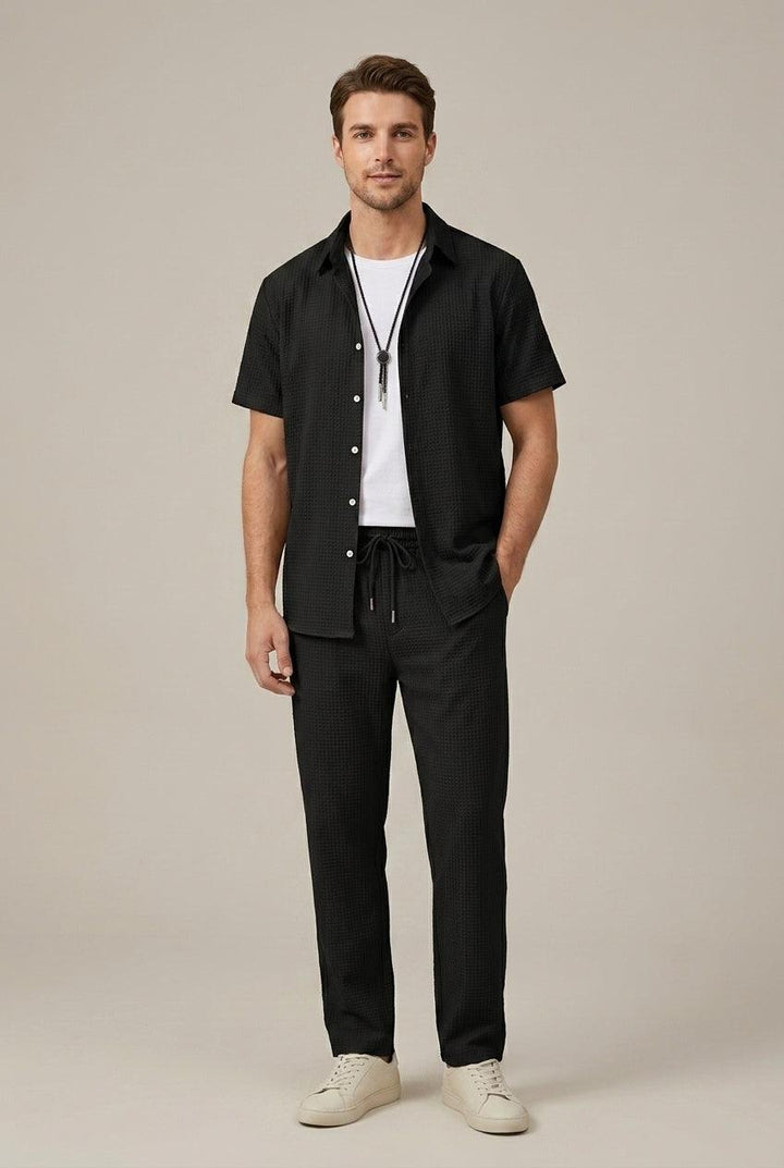 Herren Set Waffel Hose | Zweiteiler Hemd Strukturiert | Sommerset Taillierte Hose Elegant