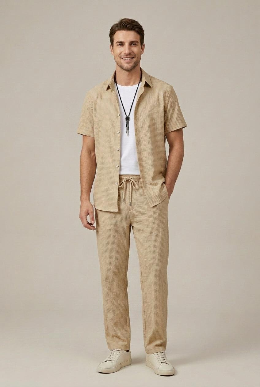 Herren Set Waffel Hose | Zweiteiler Hemd Strukturiert | Sommerset Taillierte Hose Elegant