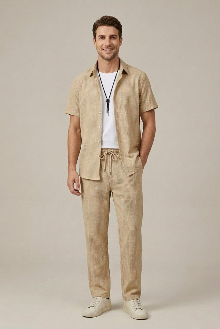 Herren Set Waffel Hose | Zweiteiler Hemd Strukturiert | Sommerset Taillierte Hose Elegant