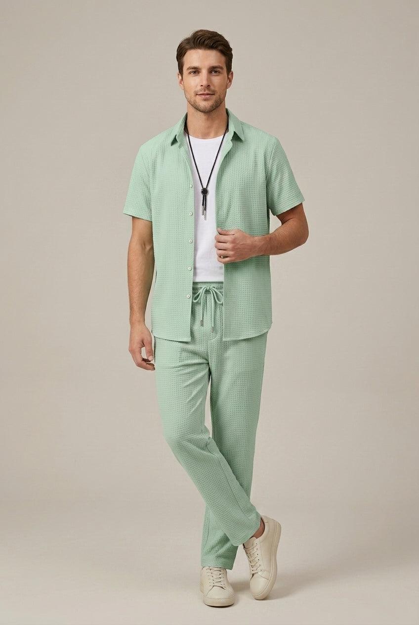Herren Set Waffel Hose | Zweiteiler Hemd Strukturiert | Sommerset Taillierte Hose Elegant