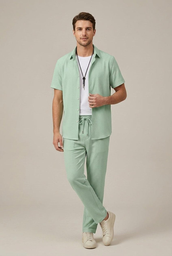 Herren Set Waffel Hose | Zweiteiler Hemd Strukturiert | Sommerset Taillierte Hose Elegant
