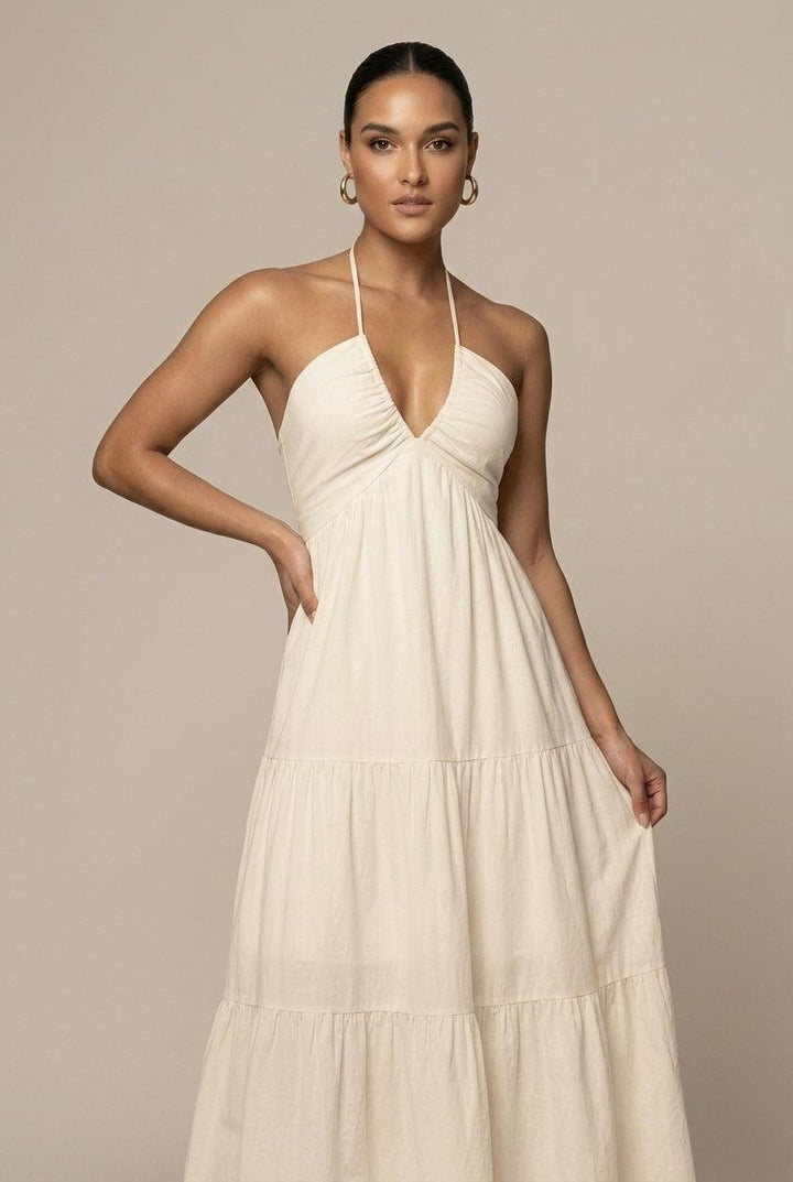 Strandkleider Damen Maxi Neckholder | Sommerkleid Damen Rueckenausschnitt Volant | Maxikleid Damen Gestuft Fliessend