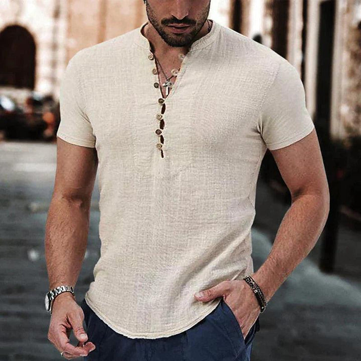 Leinen Henley Herren | Herren Hemd Grandad-Kragen | Freizeithemd Herren Leinen Baumwolle
