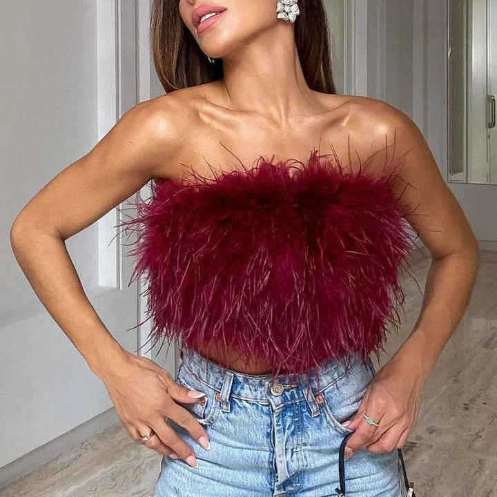Party Top Damen Trägerlos | Federn Crop Top Elegant | Abend Top Ärmellos