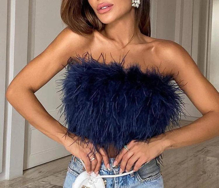 Party Top Damen Trägerlos | Federn Crop Top Elegant | Abend Top Ärmellos