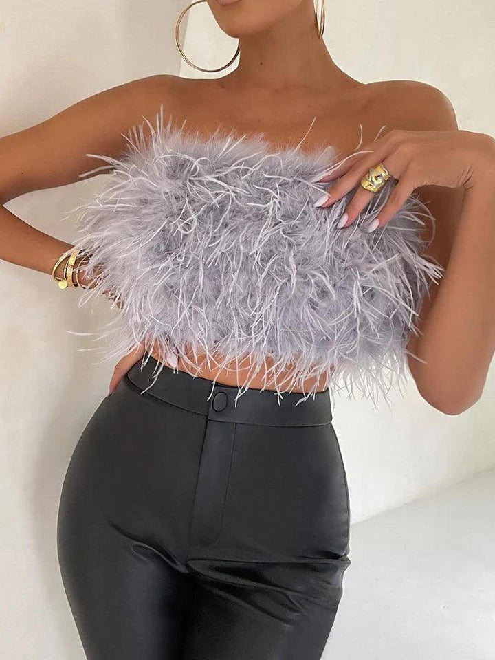 Party Top Damen Trägerlos | Federn Crop Top Elegant | Abend Top Ärmellos