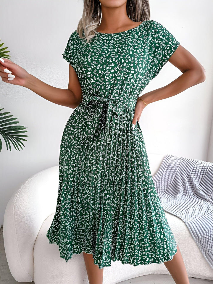 Sommerkleid Damen Midi Blumenprint | Blumenkleid Damen A-Linie Bindegürtel | Kleider Damen Geblümt Kurzarm