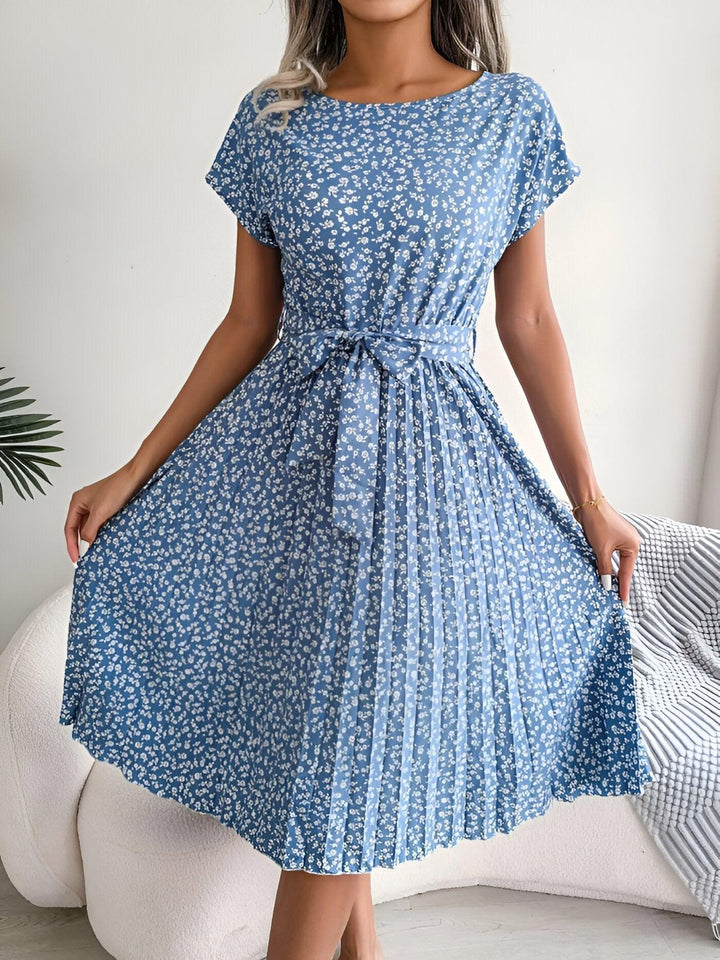 Sommerkleid Damen Midi Blumenprint | Blumenkleid Damen A-Linie Bindegürtel | Kleider Damen Geblümt Kurzarm