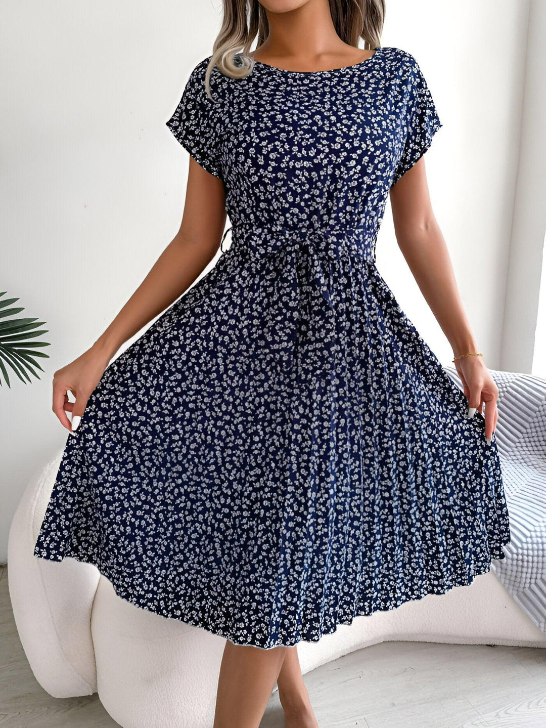 Sommerkleid Damen Midi Blumenprint | Blumenkleid Damen A-Linie Bindegürtel | Kleider Damen Geblümt Kurzarm