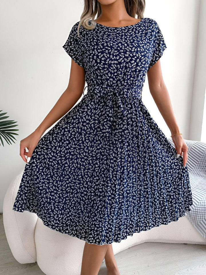 Sommerkleid Damen Midi Blumenprint | Blumenkleid Damen A-Linie Bindegürtel | Kleider Damen Geblümt Kurzarm