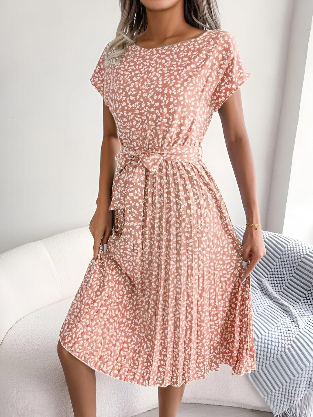 Sommerkleid Damen Midi Blumenprint | Blumenkleid Damen A-Linie Bindegürtel | Kleider Damen Geblümt Kurzarm