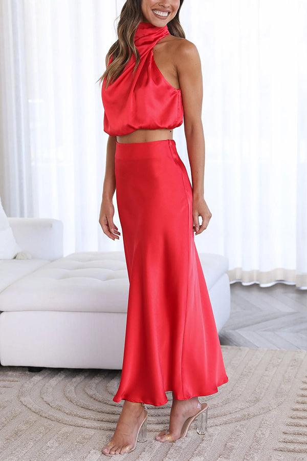 Satin Zweiteiler Damen Set | Maxirock Damen Halter Top | Hochzeitsgast Outfit Damen Zweiteiler