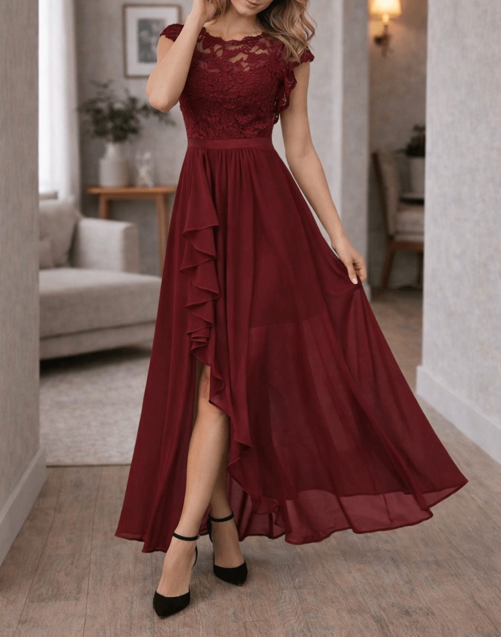Spitzenkleid Damen Maxi | Kleid A Linie Damen Ärmellos | Abendkleid Damen Lang Rüschen