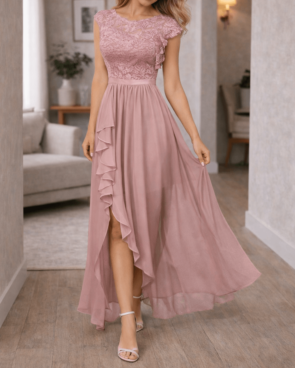 Spitzenkleid Damen Maxi | Kleid A Linie Damen Ärmellos | Abendkleid Damen Lang Rüschen