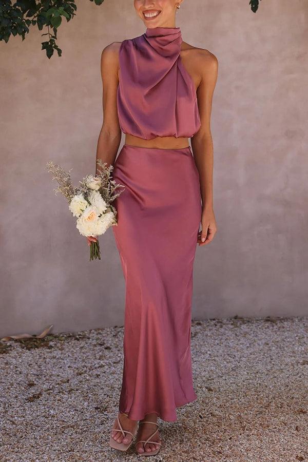 Satin Zweiteiler Damen Set | Maxirock Damen Halter Top | Hochzeitsgast Outfit Damen Zweiteiler