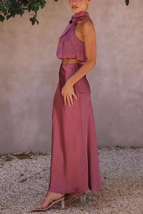 Satin Zweiteiler Damen Set | Maxirock Damen Halter Top | Hochzeitsgast Outfit Damen Zweiteiler