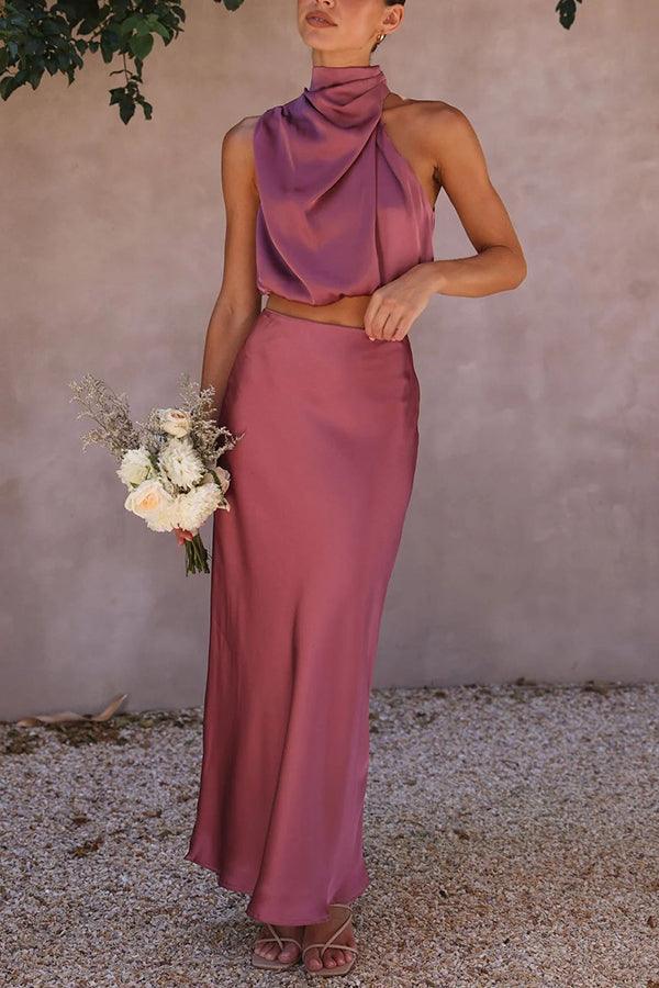 Satin Zweiteiler Damen Set | Maxirock Damen Halter Top | Hochzeitsgast Outfit Damen Zweiteiler