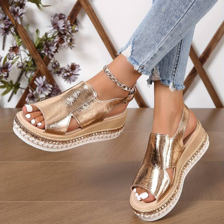 Plateau Sandalen Damen Glitzer Stern | Keilabsatz Rutschfest Komfort | Sommersandalen Elegant