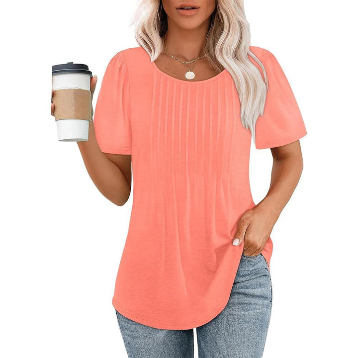 Damen Oberteil Kurzarm Sommer Plissee | Rundhals Shirt Damen Lässig | Damenbluse Leicht Tagesmode