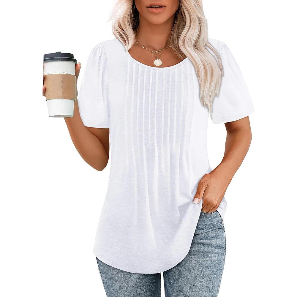 Damen Oberteil Kurzarm Sommer Plissee | Rundhals Shirt Damen Lässig | Damenbluse Leicht Tagesmode