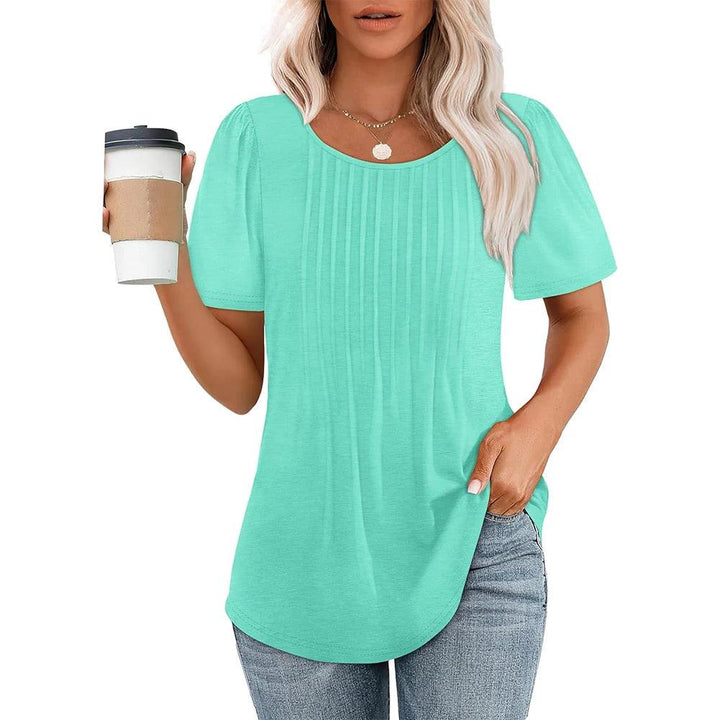 Damen Oberteil Kurzarm Sommer Plissee | Rundhals Shirt Damen Lässig | Damenbluse Leicht Tagesmode