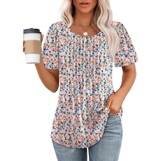Damen Oberteil Kurzarm Sommer Plissee | Rundhals Shirt Damen Lässig | Damenbluse Leicht Tagesmode