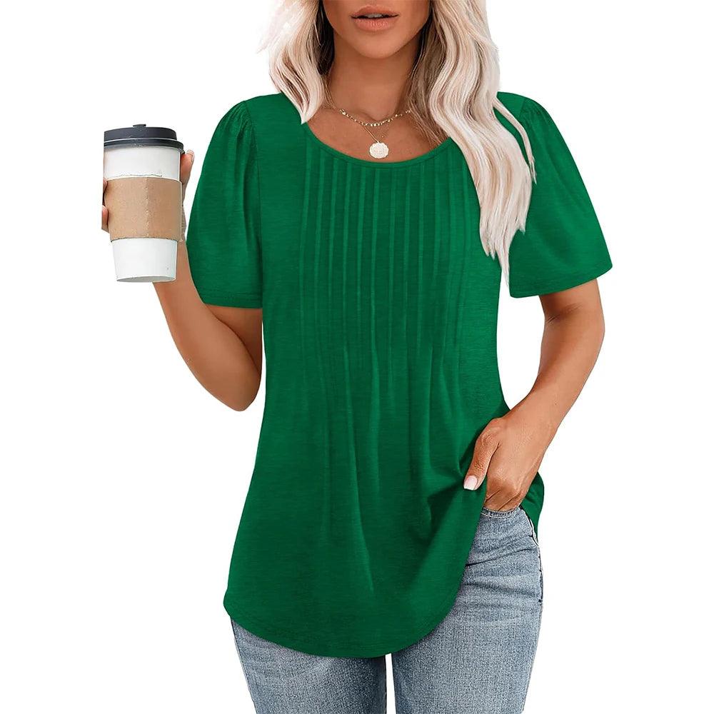 Damen Oberteil Kurzarm Sommer Plissee | Rundhals Shirt Damen Lässig | Damenbluse Leicht Tagesmode