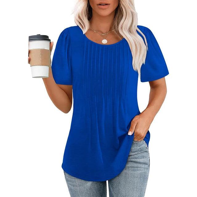 Damen Oberteil Kurzarm Sommer Plissee | Rundhals Shirt Damen Lässig | Damenbluse Leicht Tagesmode