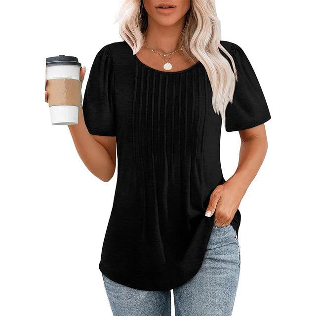 Damen Oberteil Kurzarm Sommer Plissee | Rundhals Shirt Damen Lässig | Damenbluse Leicht Tagesmode