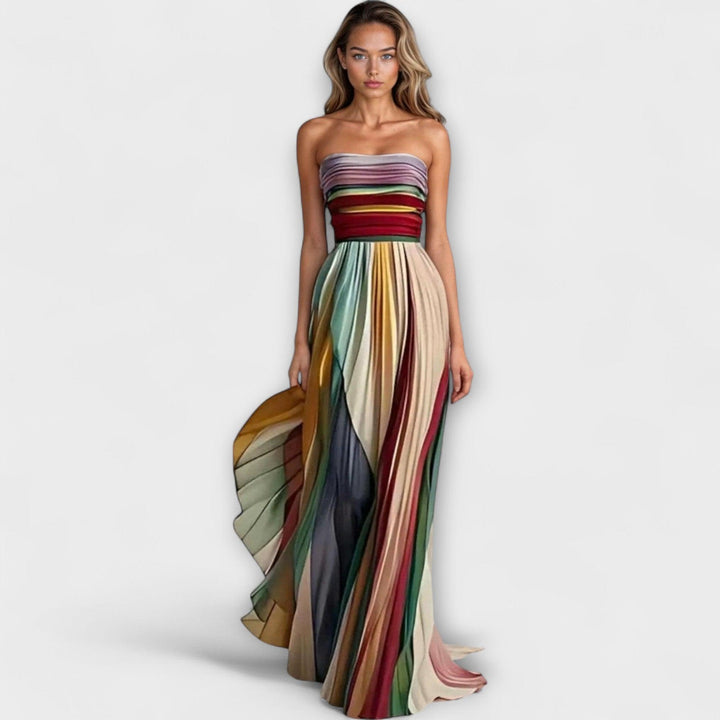 Maxikleid Hochzeitsgast Bunt | Damen Abendkleid Trägerlos | Plisseekleid Regenbogen Elegant