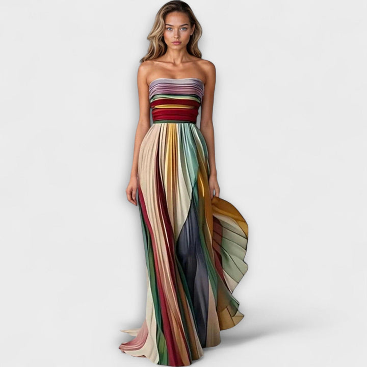 Maxikleid Hochzeitsgast Bunt | Damen Abendkleid Trägerlos | Plisseekleid Regenbogen Elegant
