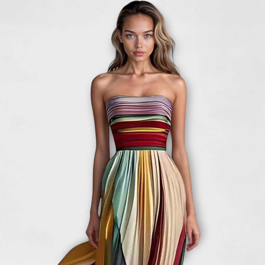 Maxikleid Hochzeitsgast Bunt | Damen Abendkleid Trägerlos | Plisseekleid Regenbogen Elegant