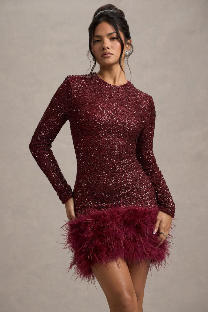Paillettenkleid Mini Langarm | Cocktailkleid Damen Pailletten Federbesatz | Glitzerkleid Damen Party Kurz