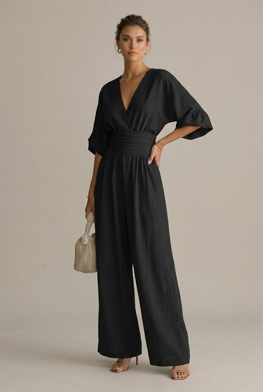 Jumpsuit Damen Wickeloptik | Overall Damen V-Ausschnitt Weitbein | Sommer Jumpsuit Damen Dreiviertelärmel
