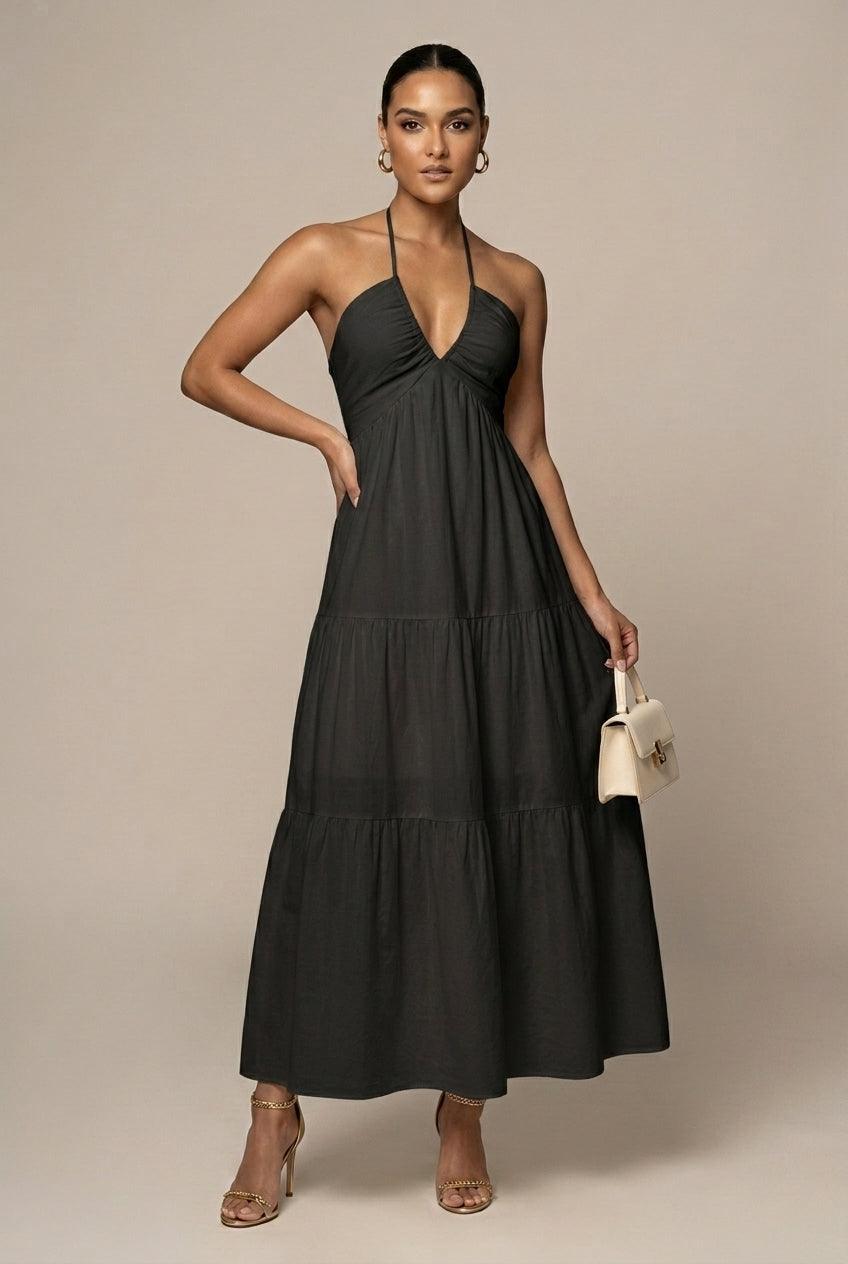 Strandkleider Damen Maxi Neckholder | Sommerkleid Damen Rueckenausschnitt Volant | Maxikleid Damen Gestuft Fliessend