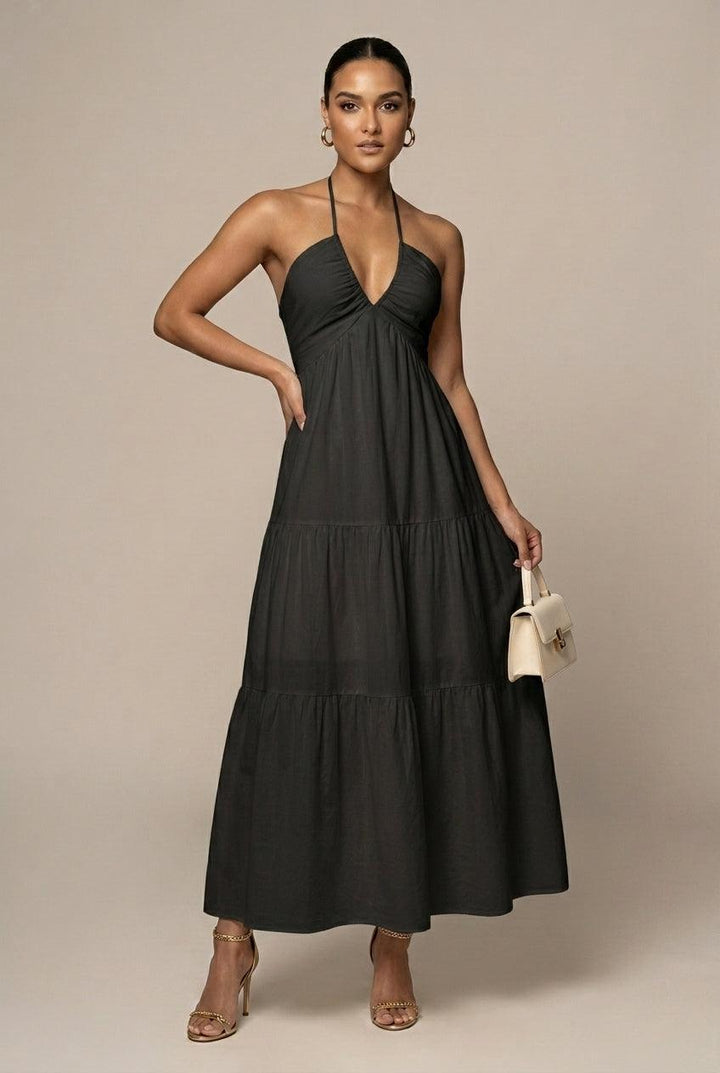 Strandkleider Damen Maxi Neckholder | Sommerkleid Damen Rueckenausschnitt Volant | Maxikleid Damen Gestuft Fliessend