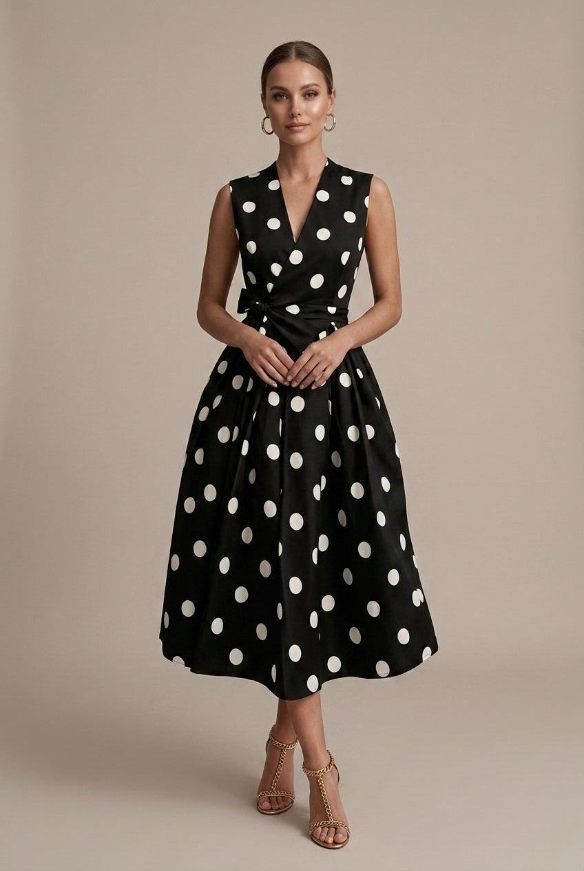 Punktekleid Damen Midi | Midikleid Damen V-Ausschnitt Bindedetail | Freizeitkleid Damen Ärmellos