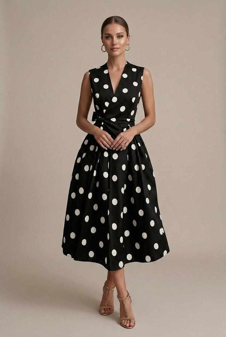 Punktekleid Damen Midi | Midikleid Damen V-Ausschnitt Bindedetail | Freizeitkleid Damen Ärmellos