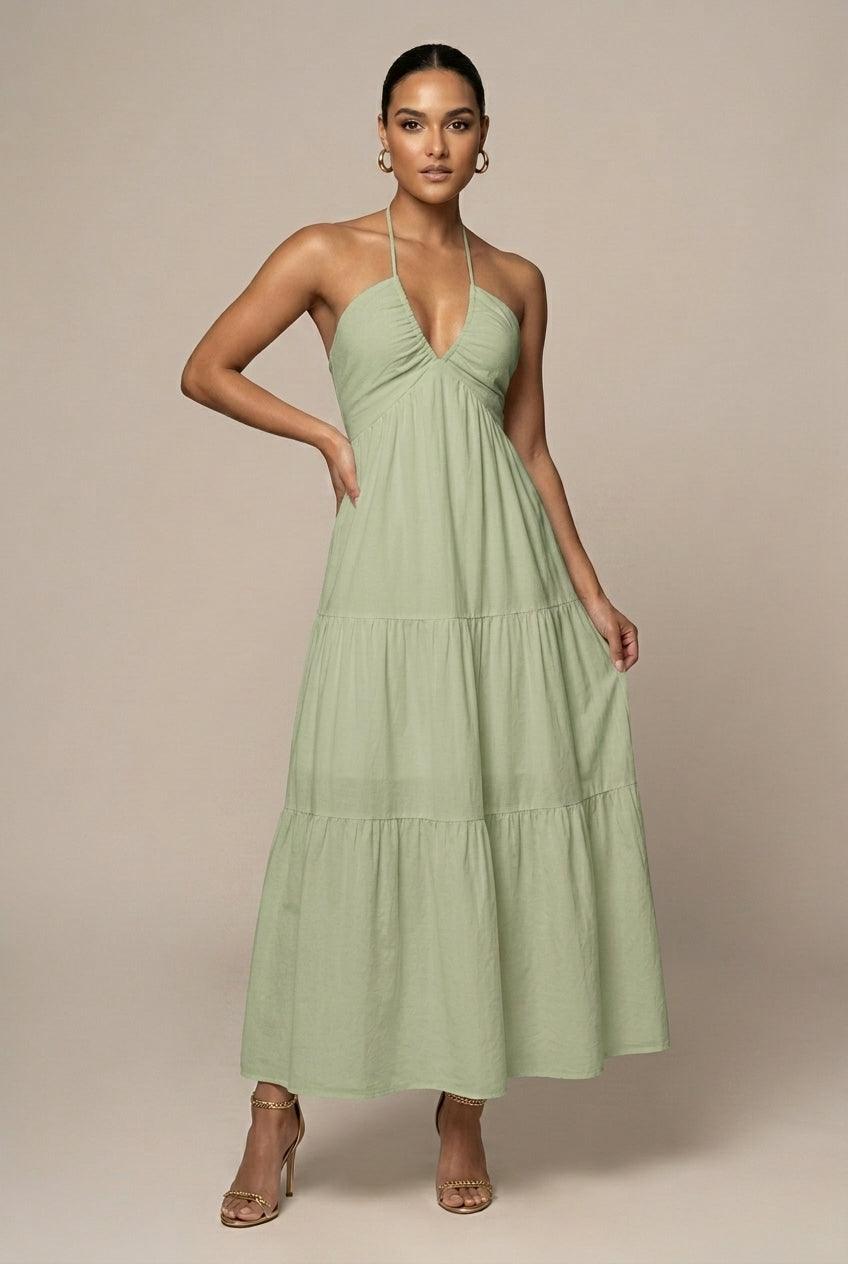 Strandkleider Damen Maxi Neckholder | Sommerkleid Damen Rueckenausschnitt Volant | Maxikleid Damen Gestuft Fliessend